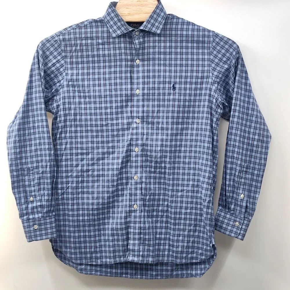 Ralph Lauren Shirt Men Large Easy Care Blue Plaid‎ Button Up Poplin Tattersall